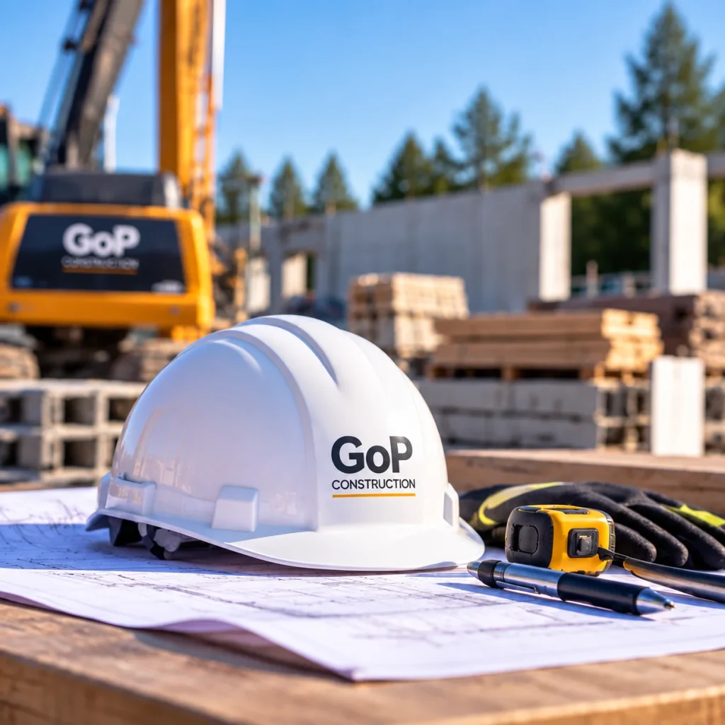 GoP Construction skyddshjälm, ritningar och byggverktyg på byggarbetsplats