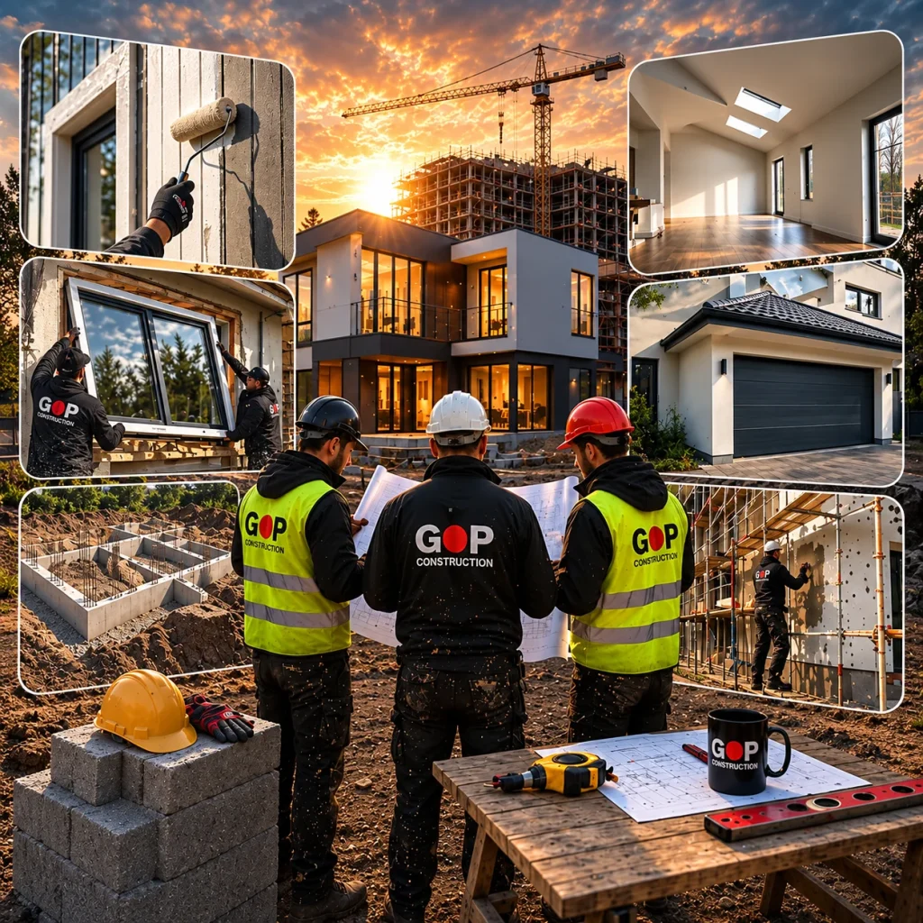Collage med tre byggarbetare som granskar ritningar samt bilder av målning, fönsterbyte, husgrund, interiör, garage och fasadarbete.