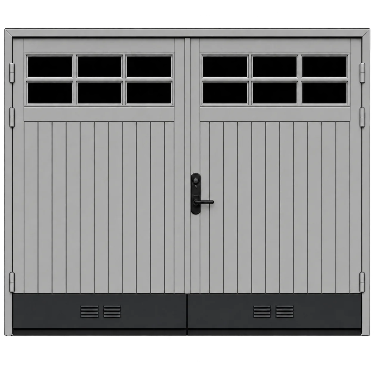 Grå dubbel garageport med stående panel, spröjsade fönster och svarta sparkplåtar.