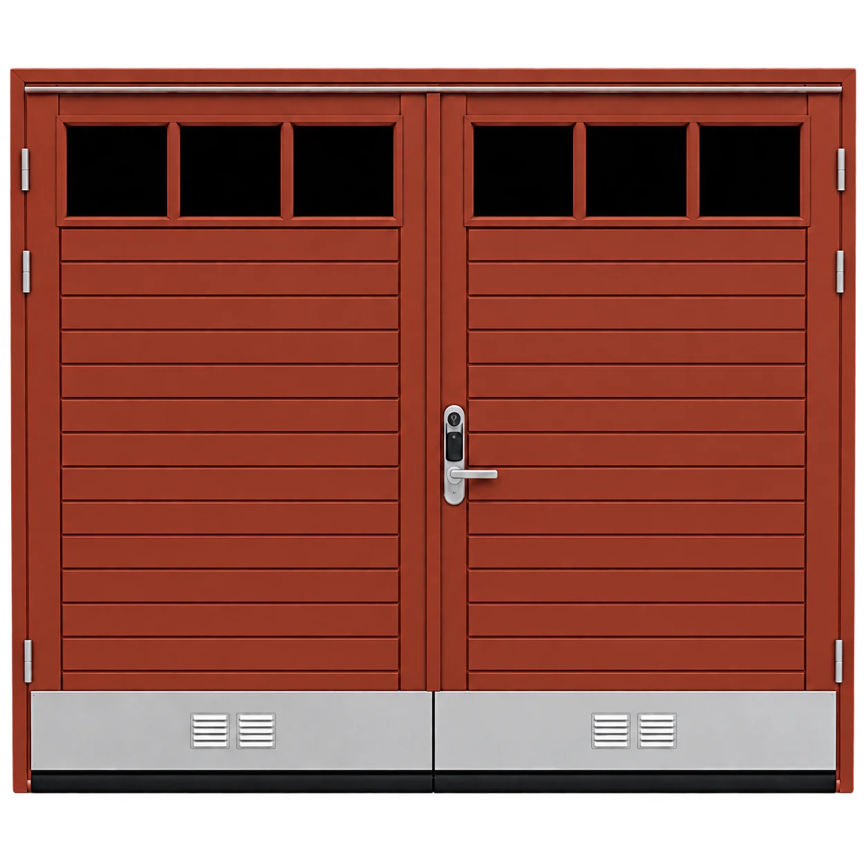 Röd dubbel garageport med liggande panel, spröjsade fönster och ljusgrå sparkplåtar.
