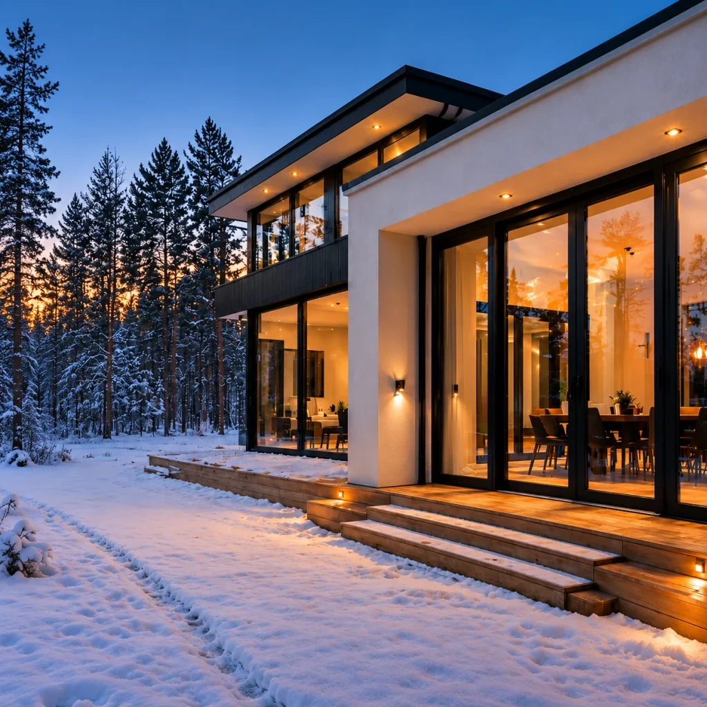 Modern tillbyggnad med stora glaspartier i snötäckt miljö.