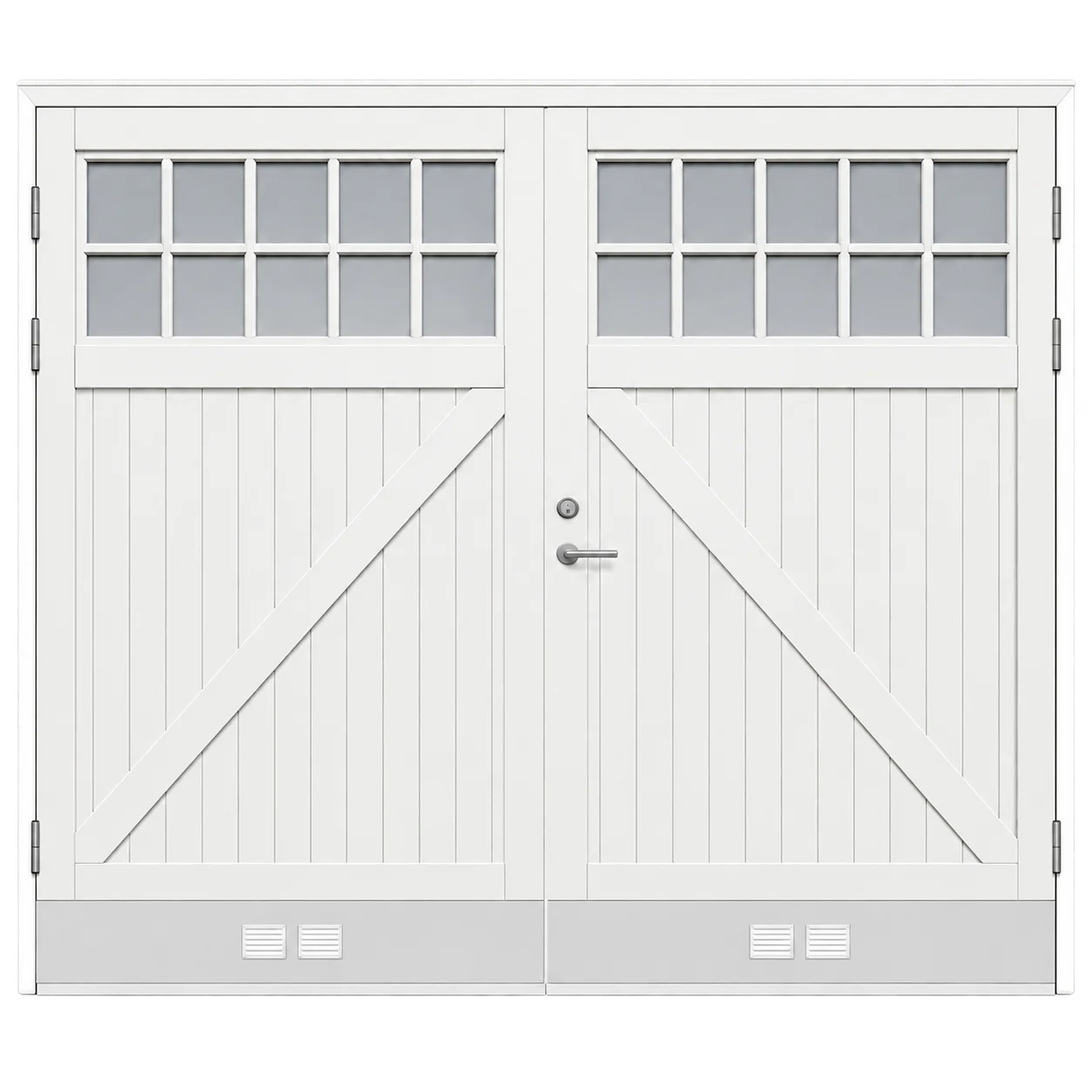 Vit dubbel garageport med stående panel, diagonal dekor och spröjsade fönster.