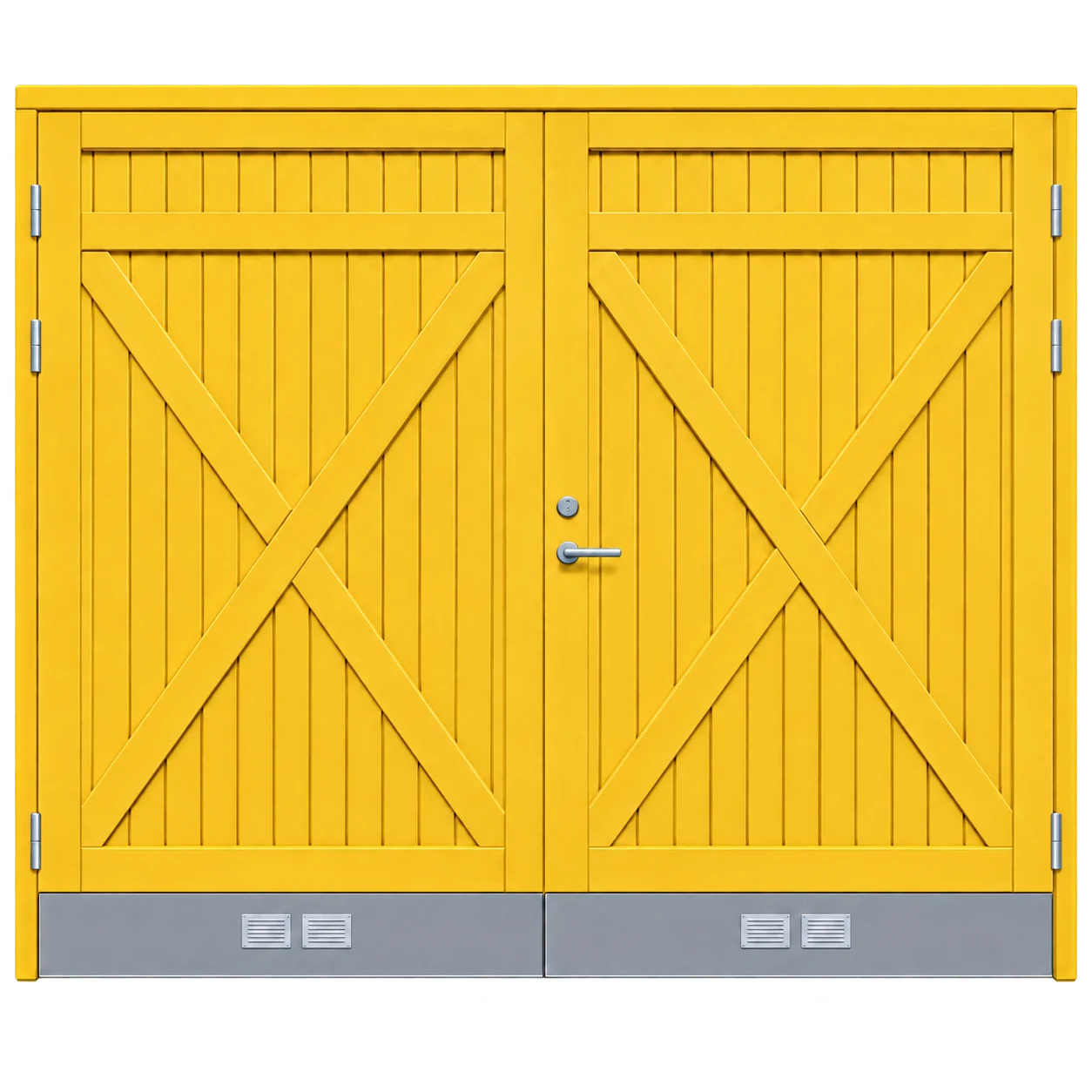 Gul dubbel garageport med stående träpanel, kryssdekor och grå sparkplåtar.