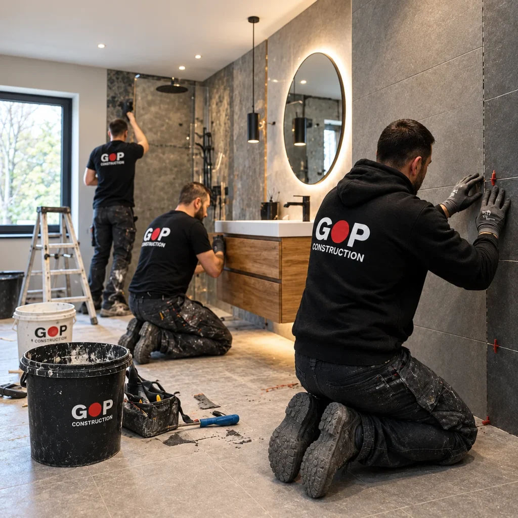 Hantverkare arbetar med renovering av ett badrum.