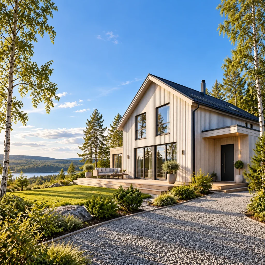 Hus med ljus träfasad och detaljer runt fönstren.