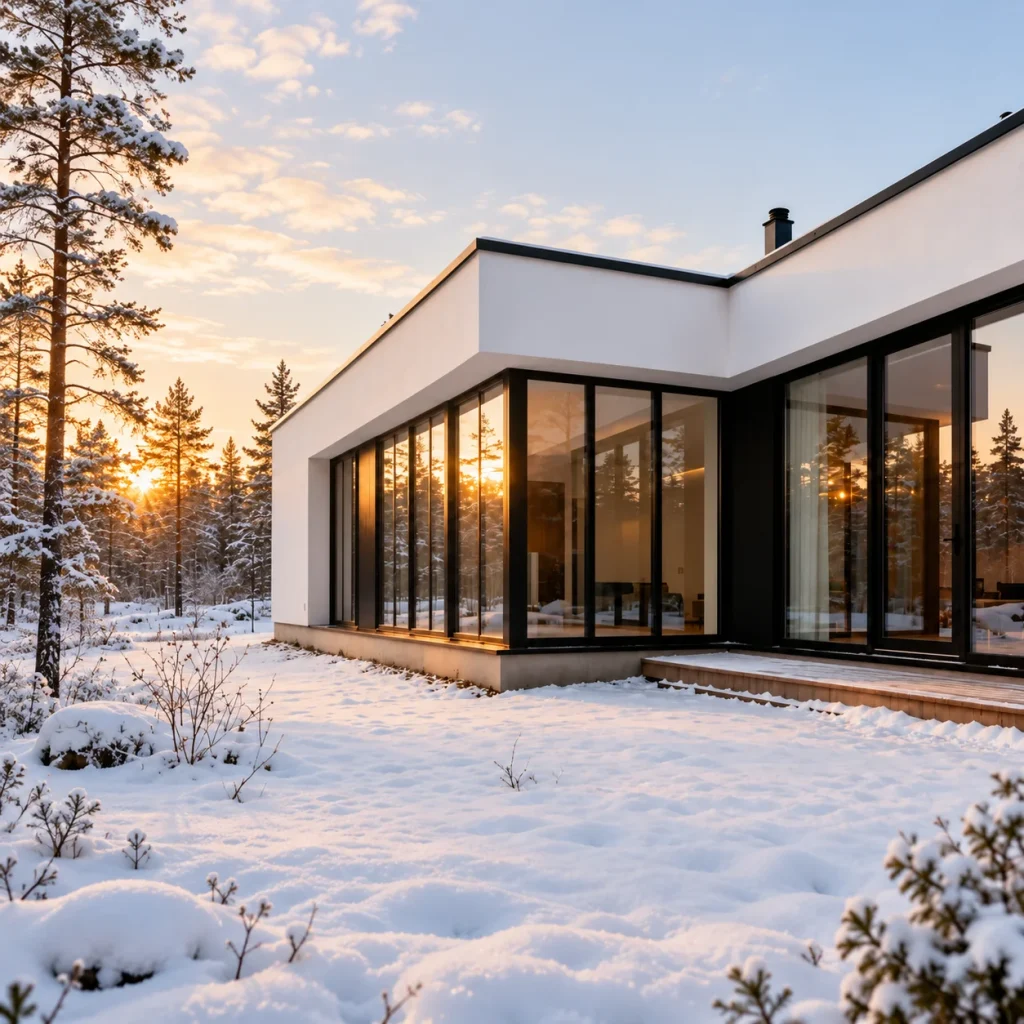 Modern vit villa med stora fönster i ett snötäckt landskap.