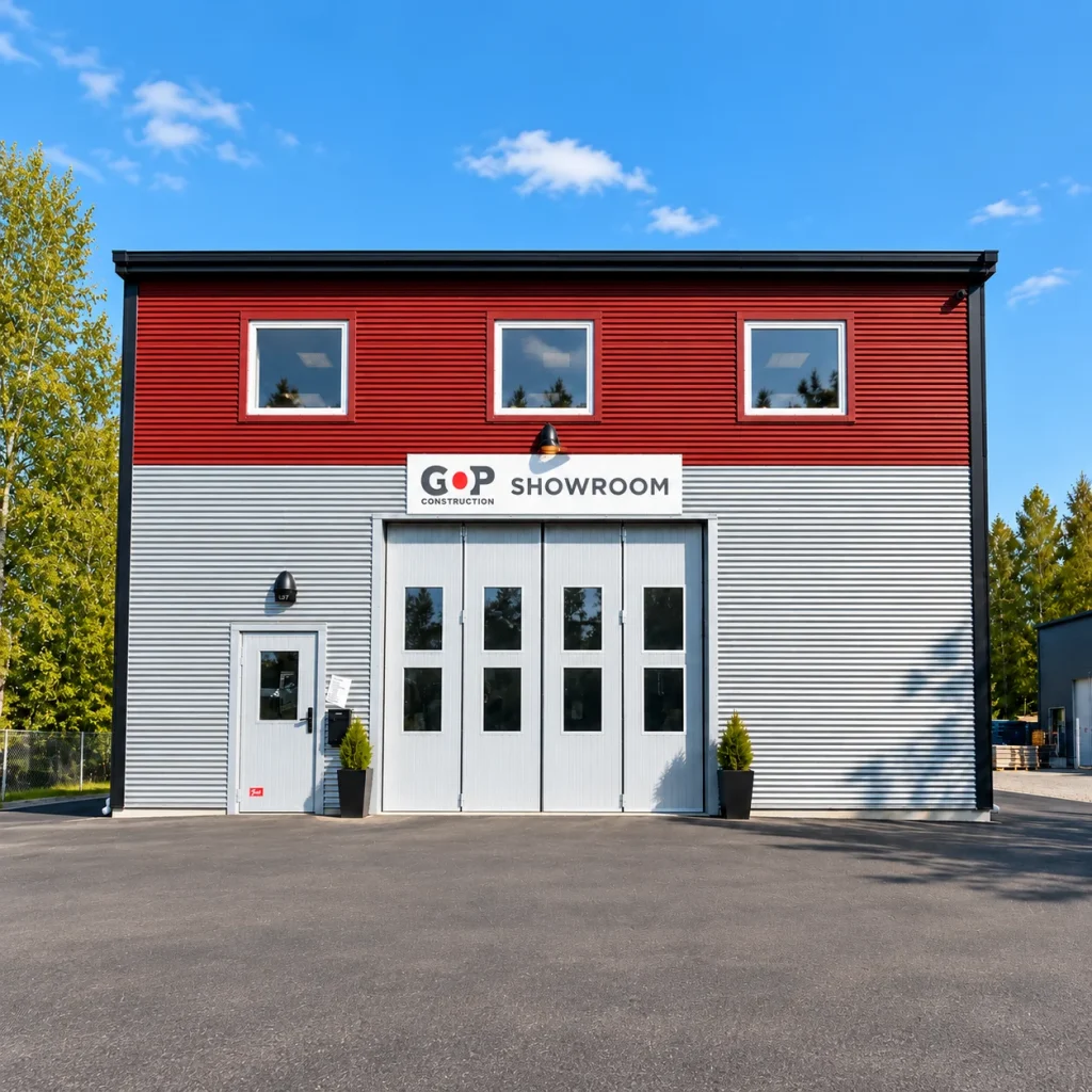 GoP Constructions showroom med röd och grå fasad, stora portar och entré.