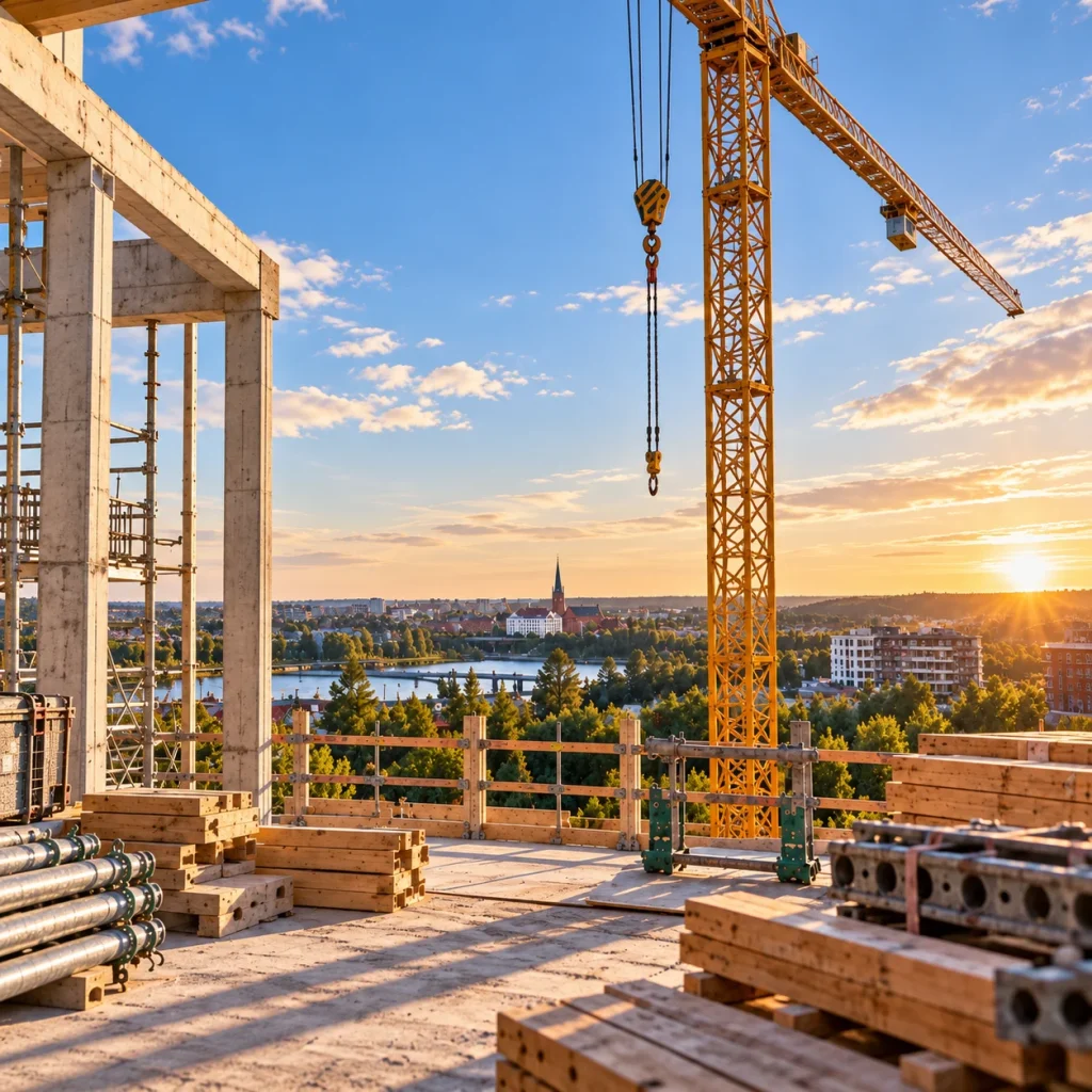 Byggarbetsplats med byggkran och pågående arbeten i stadsmiljö.