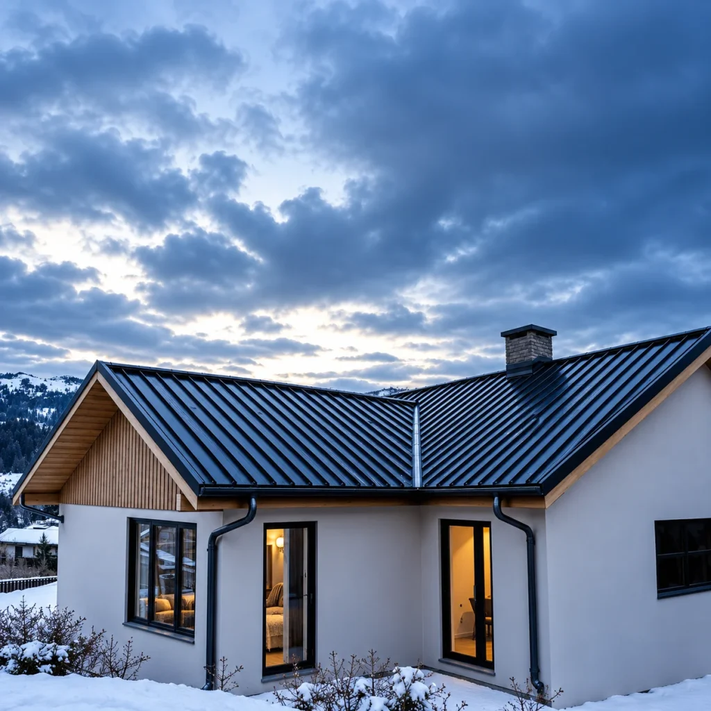 Plåttak med profilerade plåtar på en byggnad.